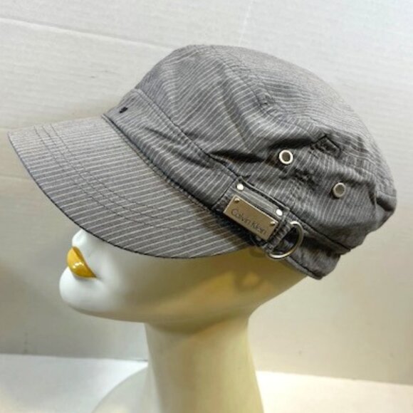 Calvin Klein Cotton Blend Conductor Cap Hat Heather Grey Striped - Picture 1 of 12